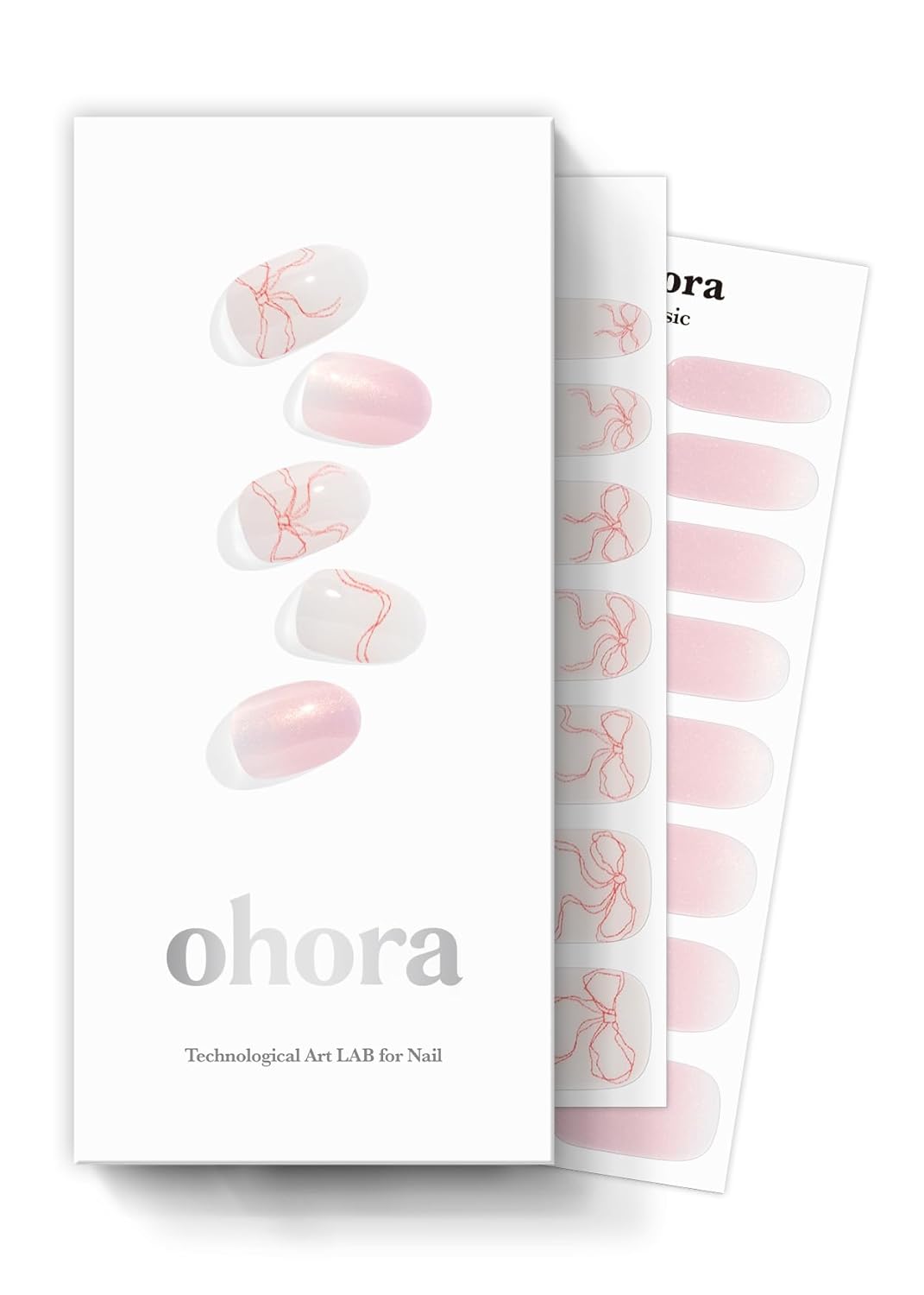 ohora Semi Cured Gel Nail Strips (N Someday) - White, Pink, Ribbon, Works with Any UV/LED Lamps, Salon-Quality, Long Lasting, Easy to Apply & Remove - Includes 2 Prep Pads, Nail File & Wooden Stick