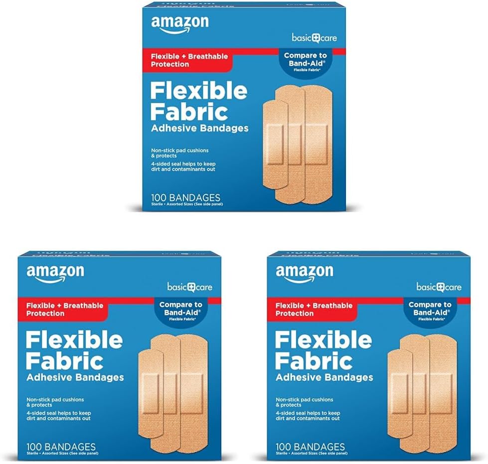 Amazon Basic Care Flexible Fabric Adhesive Bandages, First Aid and Wound Care Supplies, Assorted Sizes, 100 Count (Pack of 3)