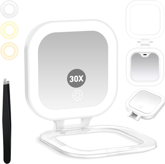Travel Mirror with Light, 1x/30x Magnifying Mirror with 3 Color Lights and Adjustable Brightness, 4.5x3.9 inch Small Compact Hangable Hand Pocket 3 Way Mirrors, Comes with Tweezer