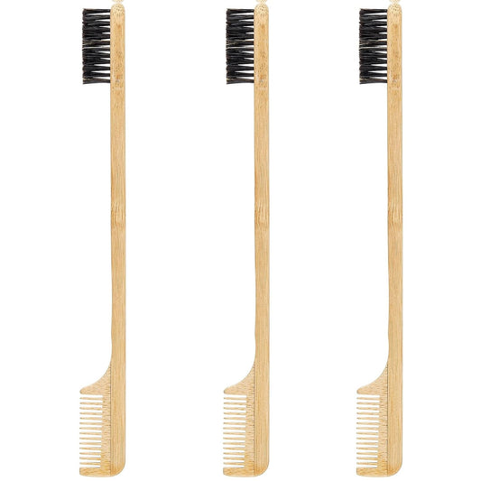 Geiserailie 3 Pieces Moustache Comb and Brush Hair Edge Bamboo Brushes 2-in-1 Edge Mustache Comb Gentle Control Wood Eyebrow Tool