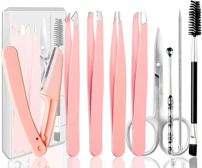 [9+1 PCS] Tweezers Kit, Tweezer for Women Facial Hair, Professional Tweezers Set, Eyebrow Tweezer, Professional Stainless Steel Eyebrow for Women &Men,Black And Pink Beauty Sets.