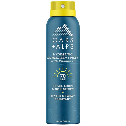 Oars + Alps Sunscreen Spray for Face & Body, SPF 70 Spray Sunscreen Infused with Vitamin C & Antioxidants, No White Residue, Water & Sweat Resistant, All Skin Types, Lightweight, Hydrating, 6oz, 1pk