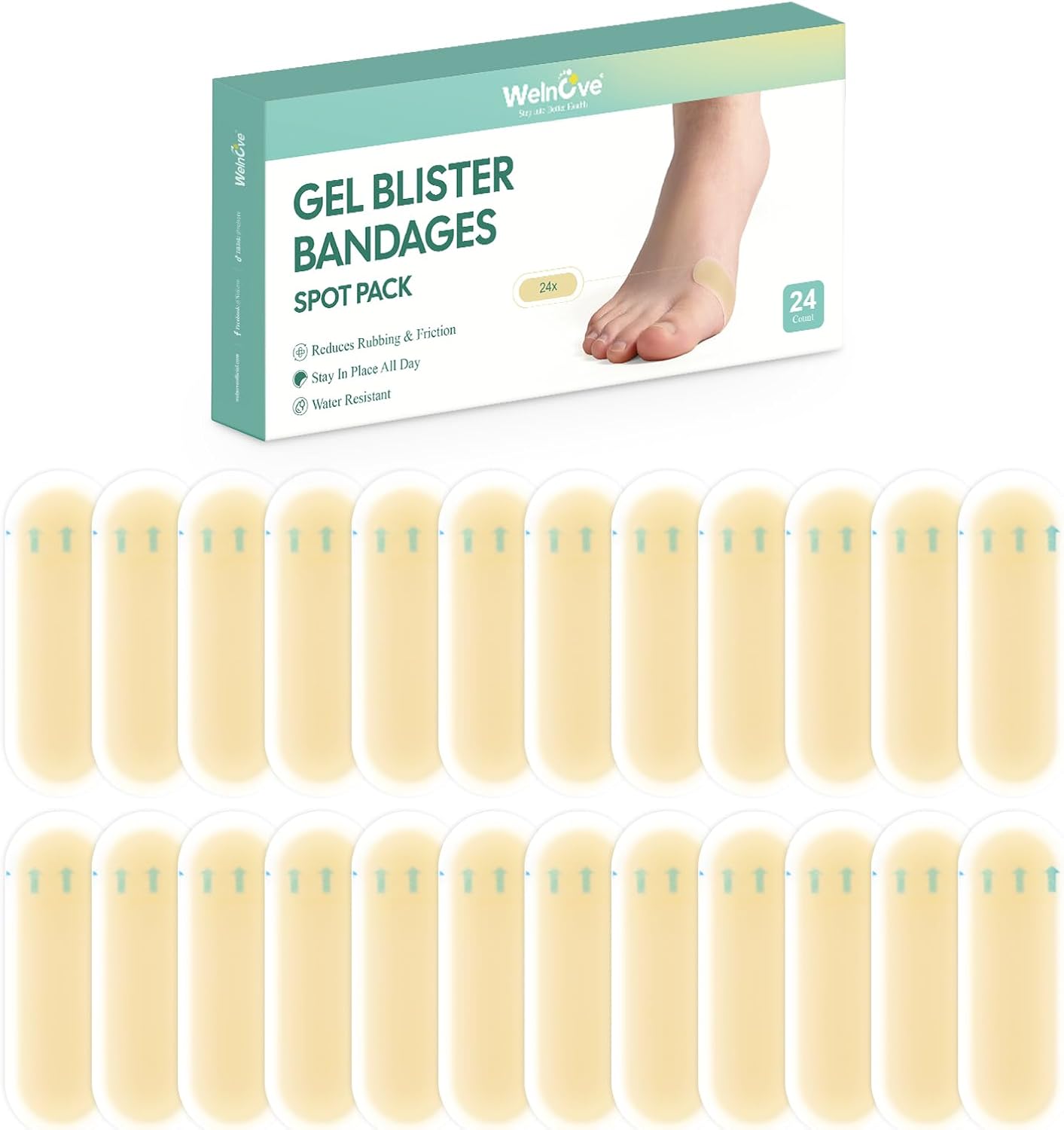 Welnove Gel Blister Bandage - 24 PCS Hydrocolloid Bandages for Prevention & Recovery, Blister Cushions for Heel, Toes & Foot, Blister Bandages for High Heels, Sandals, Wedding, Party (Spot Pack)