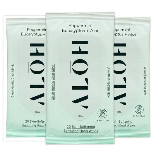 ALŌH Peppermint Eucalyptus + Aloe Sanitizing Hand Wipes - Clean Hands, Clear Mind On The Go Sanitizer for Kids and Adults - Travel Size 3 Pack 20ct Wipes (60 Wipes)
