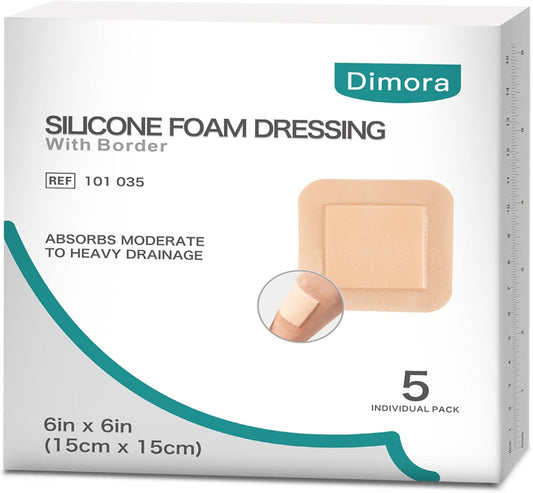 Dimora Silicone Foam Dressing with Border Adhesive 6"x6" Waterproof Wound Dressing Bandage for Wound Care 5 Pack…