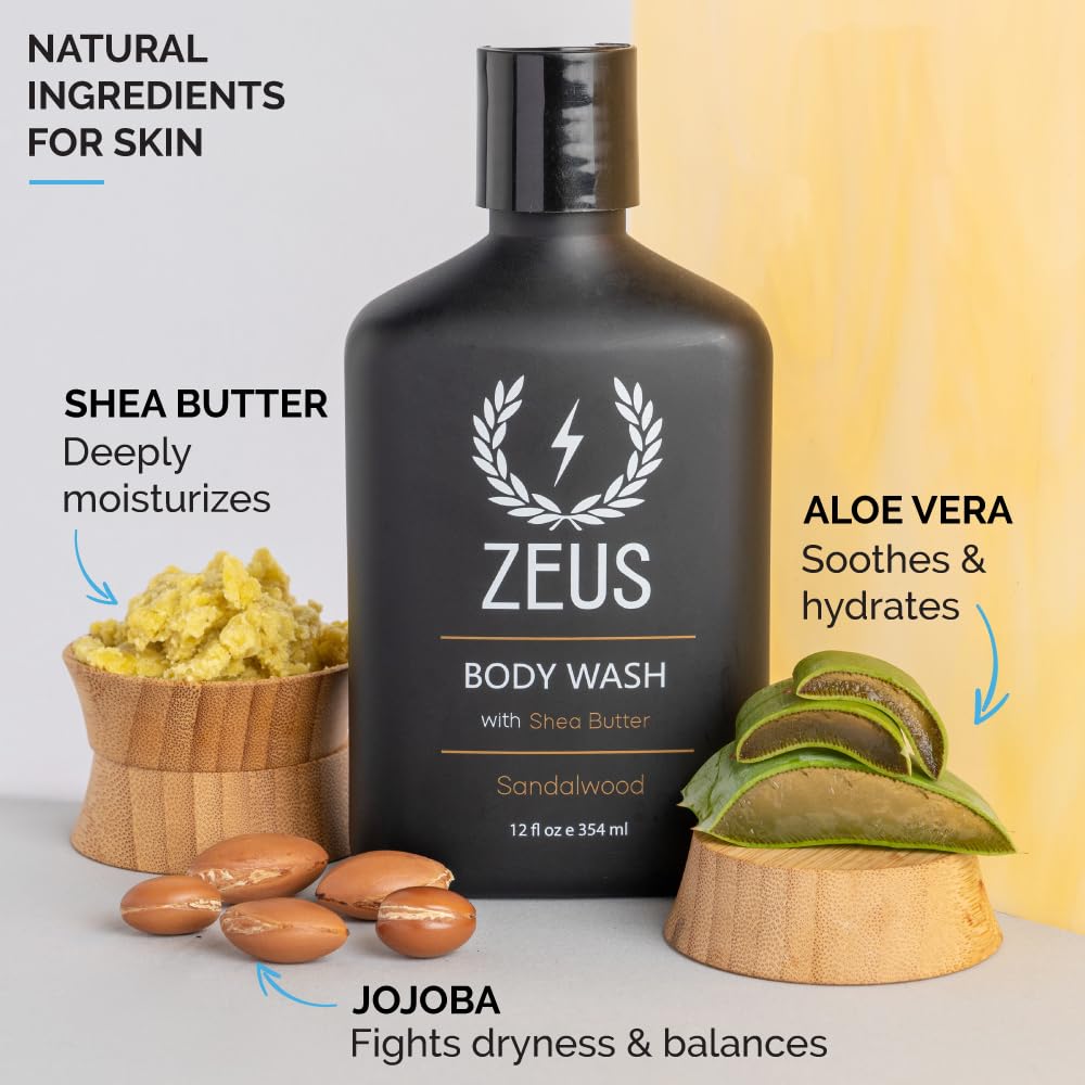 ZEUS Men's Natural Body Wash, Hydrating Shower Gel with Sandalwood Oil, Aloe Vera, Shea Butter & Invigorating Essential Oils for Skin Revitalization (Made in USA) 12 oz.