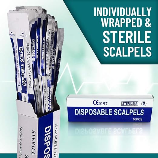 Disposable Scalpel #10 and #11 Scalpel Blades, Pack of 10 Dermaplaning Blades w. Plastic Handle, Carbon Steel Dermablade Blades Individually Wrapped 5x10 Blade and 5x11 Blade, Sterile