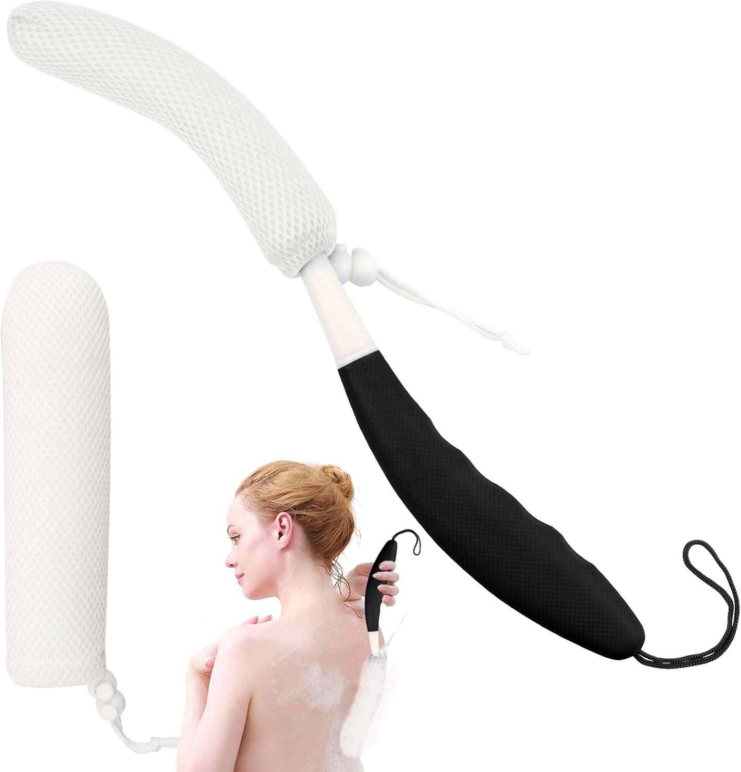 Shower Back Brush with Long Handle, 15.35" Body Brush, Long Back Scrubber for Men Women, Long Handled Sponge Body Exfoliator, Loofah Back Scrubber for Aid Bathing（Black）