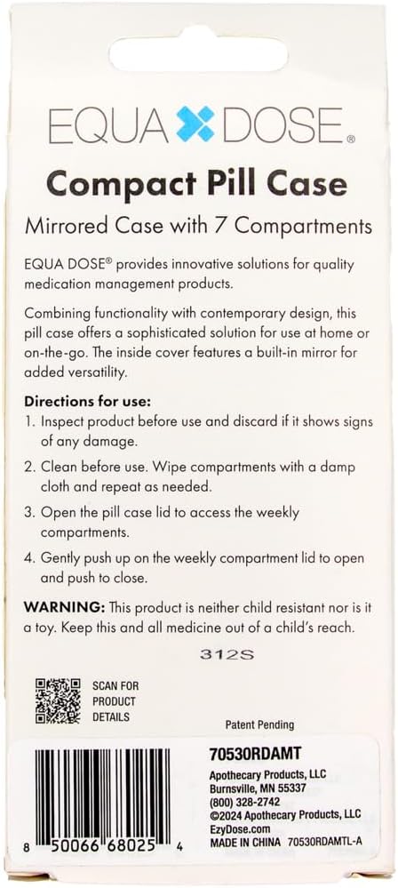 EQUADOSE Weekly Pill Case, 7-Day Medicine Organizer with Mirror, Compact Vitamin Storage Box, Travel-Friendly Pill Planner, 7 Individual Compartments for Supplements, Tablets, and Medications, Black