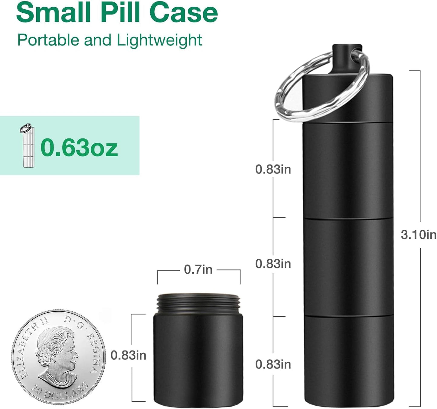 Opret Keychain Pill Holder, 3 Compartments Metal Small Pill Case, Waterproof Portable Travel Pill Box, Pill Container for Purse (Black)