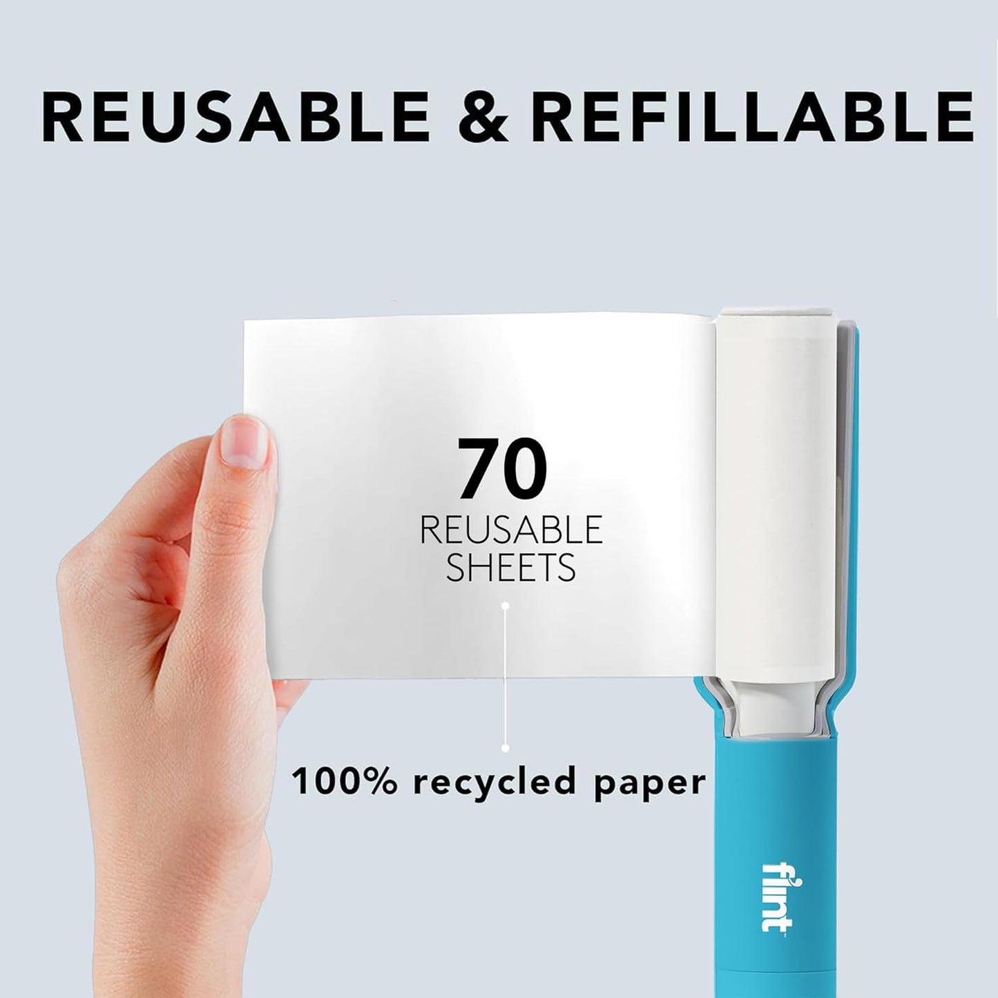 Flint Plus Retractable Lint Remover & Pet Hair Roller for Clothes – Refillable & Reusable Lint Roller with 70 Extra Sticky Tear-Off Sheets – Value Pack, Light Blue