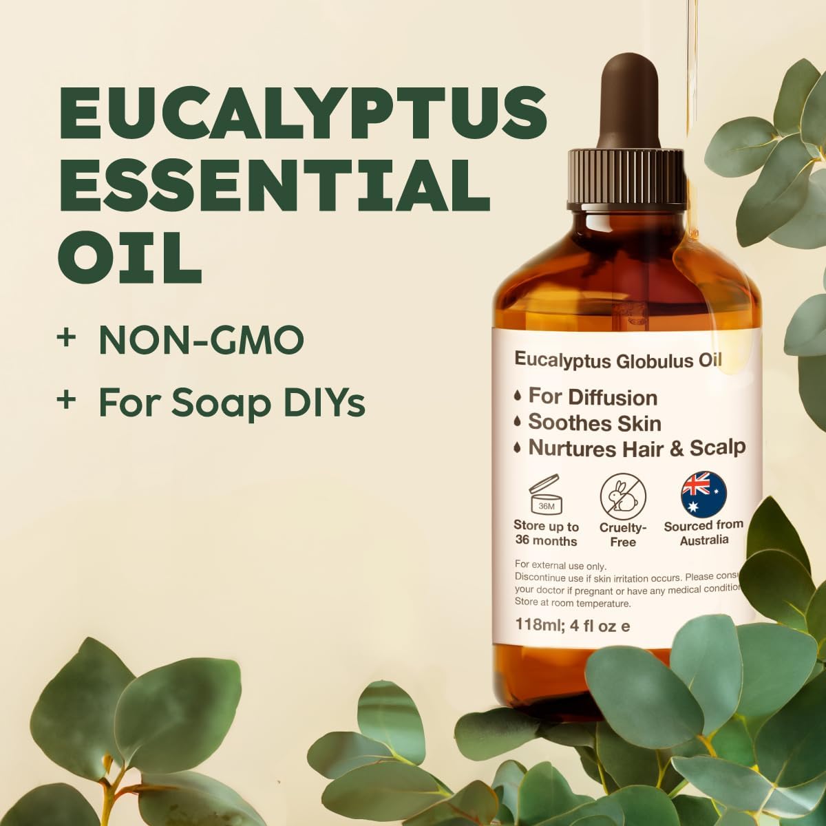 Kukka Eucalyptus Essential Oil for Diffuser, Humidifier, Skin, Hair - 4 Fl Oz / 118 ml, DIY Soap Making Scents