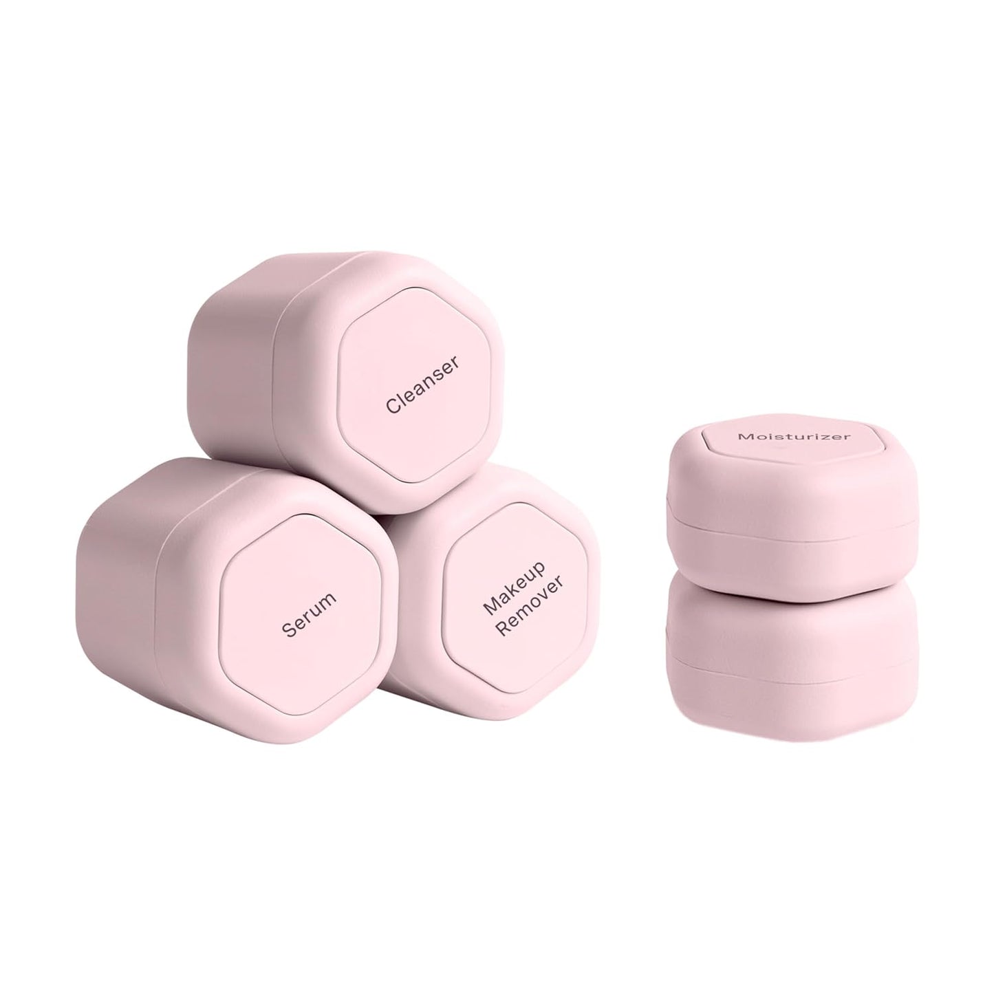 Cadence Travel Containers - Core Skincare Set - Magnetic Containers with Lids,2 Small (0.56oz) & 3 Medium (1.32oz) - Cleanser, Moisturizer, Serum, Makeup Remover & Sun Icon Labels - Petal