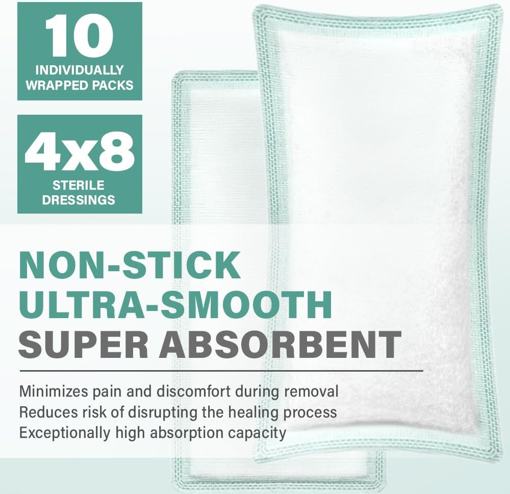 EquiFlow Super Absorbent Dressing for Heavily Exuding Wound | Fast-Absorbing Non-Adhesive Polymer Dressing with Nonstick Gauze Pad | High Absorption & Retention | Pack of 10 (4" x 8")