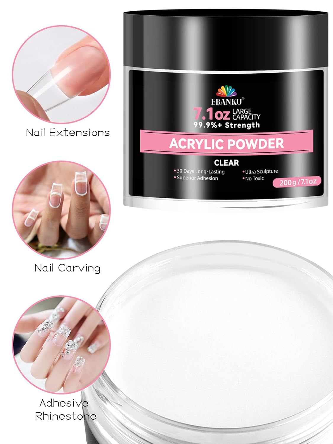 EBANKU 7.1oz Clear Acrylic Powder, Crystal Transparent Acrylic Nail Powder for Nail Extenstion, Professional Nail Powder for French Manicure, Nail Carving, Long-Lasting, No Lamp Needed
