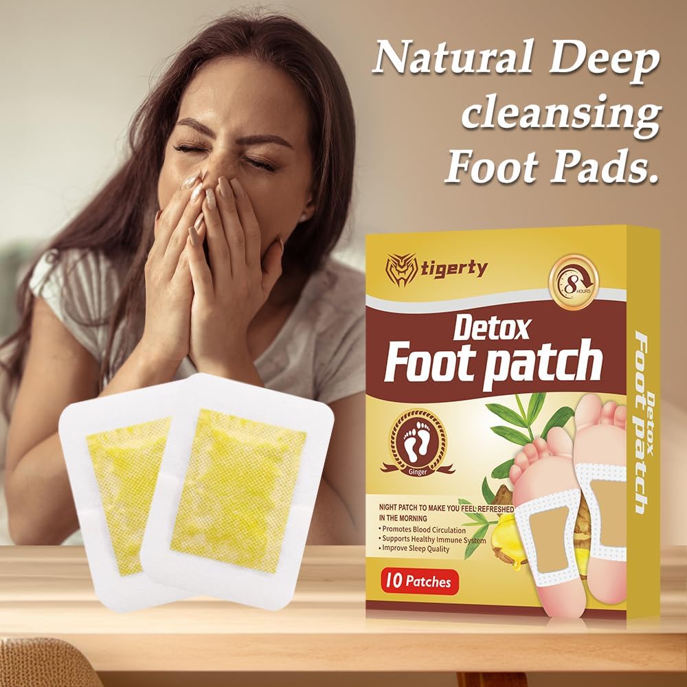 tigerty Foot Patches (10 Pieces), deep Cleansing Foot Patch, Natural Bamboo Vinegar Ginger Powder Foot Care sitckers, Adhesive Patches, Relaxation, Stress Relief, Better Sleep, 10 Pieces (1 Pack)