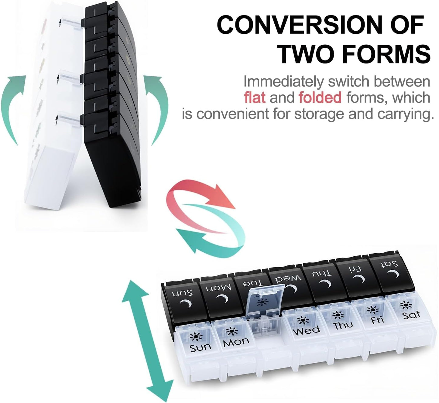 XL Large AM/PM Weekly Pill Organizer Arthritis Friendly, 2 Times a Day Pill Box with Spring Open Design, 7 Day Vitamin Case with Push Button Compartments (Black&White)