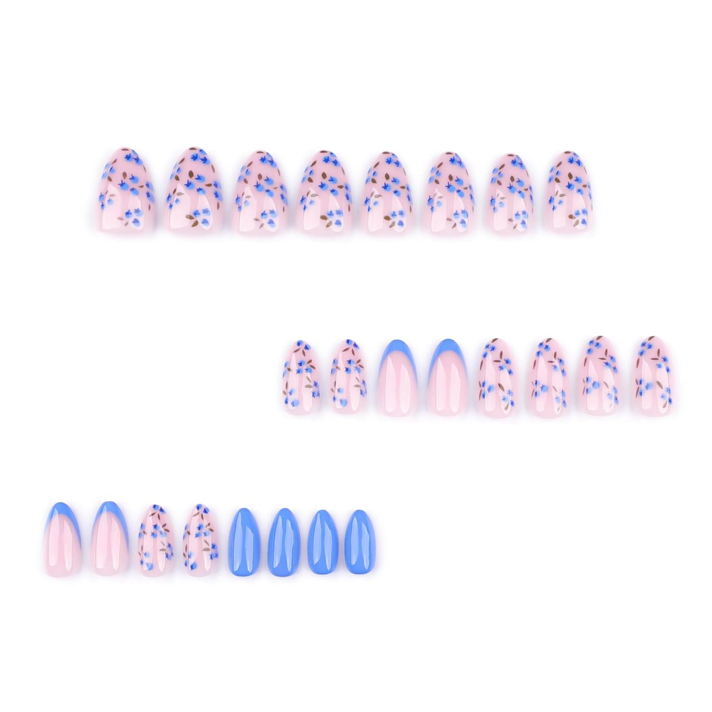 Summer Fall Press On Nails Short Almond, Nude and Blue Fake Nails Featuring Blue Floral Accents, Glossy Finish Acrylic Nails, Thick Reusable Glue On Nails for Women, 24Pcs