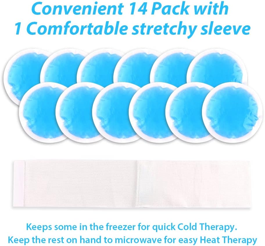 NEWGO Small Ice Packs for Injuries, 14 Pack Round Ice Packs for Face, Hot and Cold Gel Ice Pack Circular Cold Compress with Cloth Backing & Sleeve for Pain Relief, Toothaches, Breast Surgery