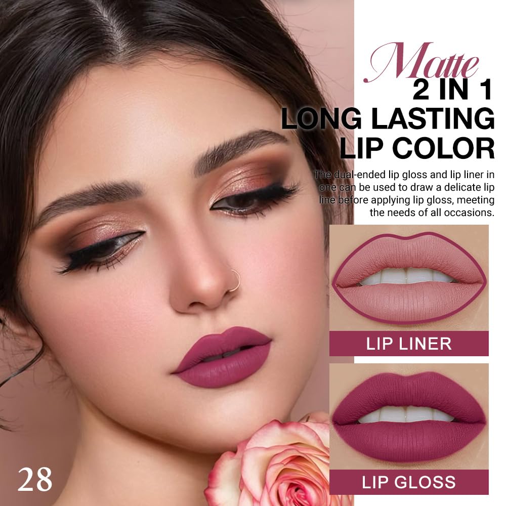 evpct 1Pcs Rose Plum Neutral Matte Lip Liner and Liquid Lipstick Stain Makeup Set for women, Rose Long Lasting Smudge Proof Lipstick labiales matte mate larga duracion listip 24 hours originales, 28#