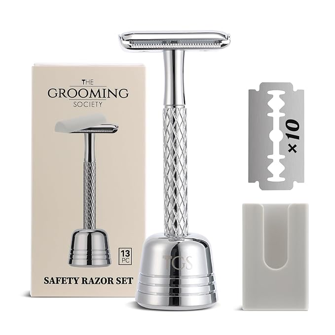 Double Edge Safety Razor for Men with Stand and Silicone Cover - Durable Metal Eco-Friendly Single Blade Safety Razor with 10 Blades- Closed Smooth Shave (Silver)