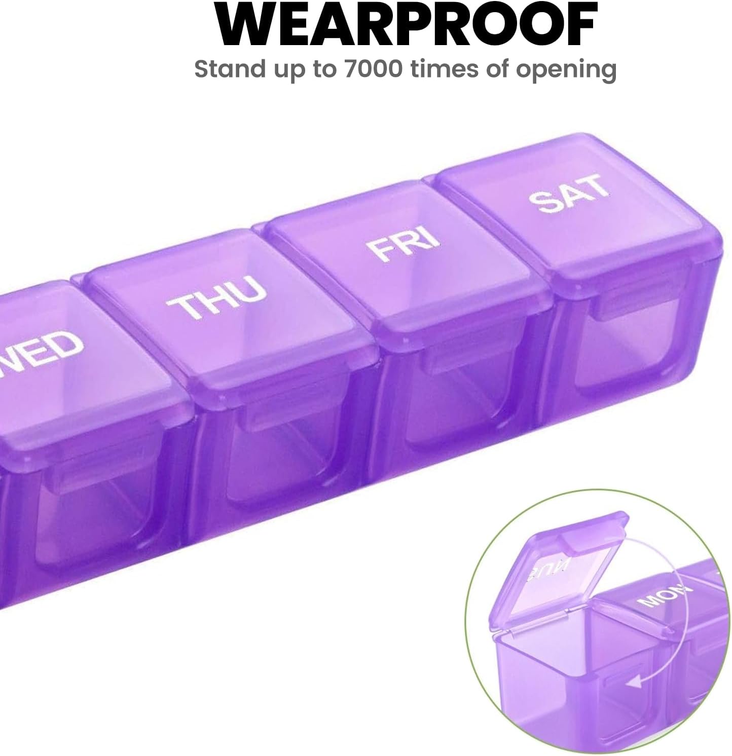 Sukuos Extra Large Weekly Pill Organizer, 7 Day Daily Pill Box Case Arthritis Friendly, Silkscreen Printed Medicine Container with Clear Lid for Vitamins, Fish Oils or Supplements (Purple)