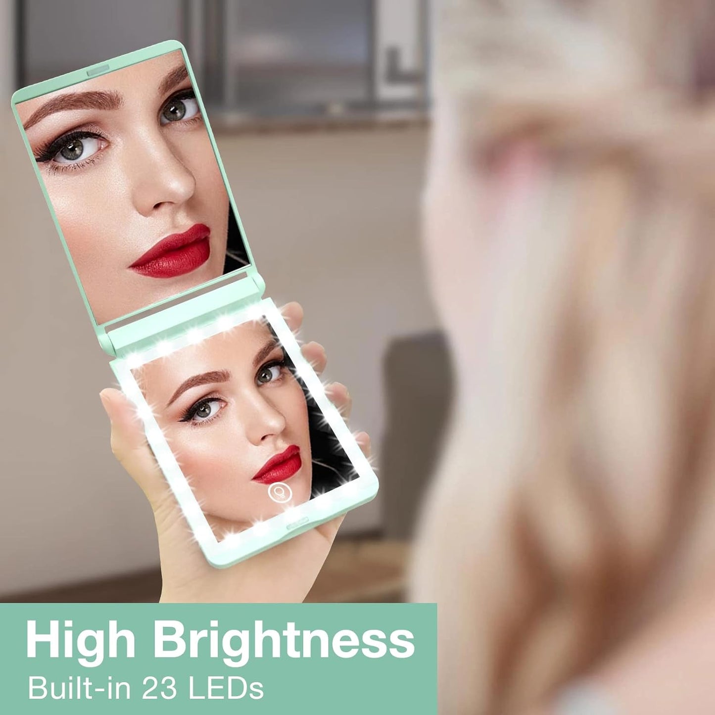 WOBSION Lighted Compact Mirror, Rechargeable Travel Makeup Mirror with Light,1x/3x Magnifying,300°Flip Folding Portable Mirror,Dimmable,Gifts for Girls