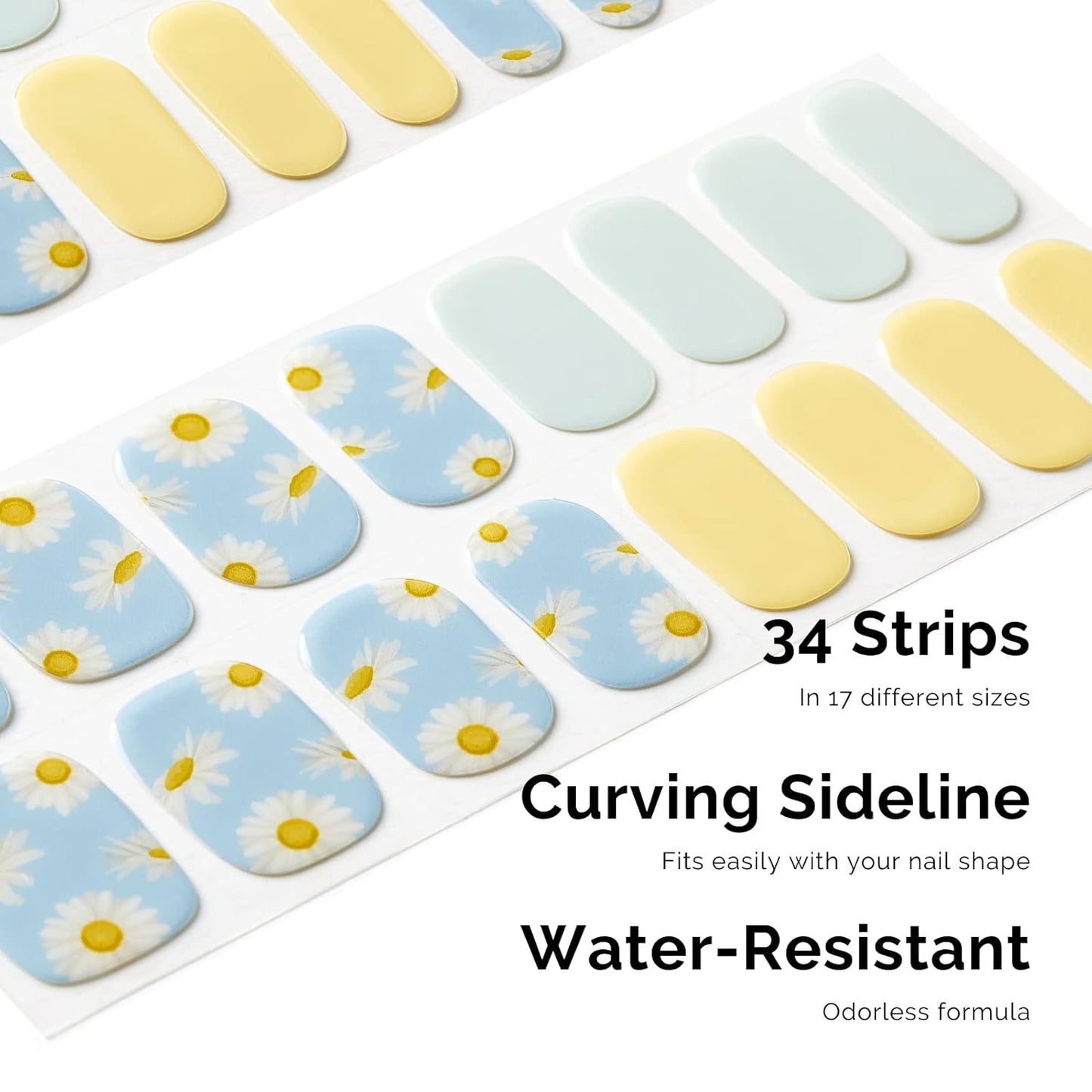 Nailog Semi Cured Gel Nail Strips 34 pcs | Long Lasting Nail Polish Sticker Wraps with Glossy Gel Finish | Daisy