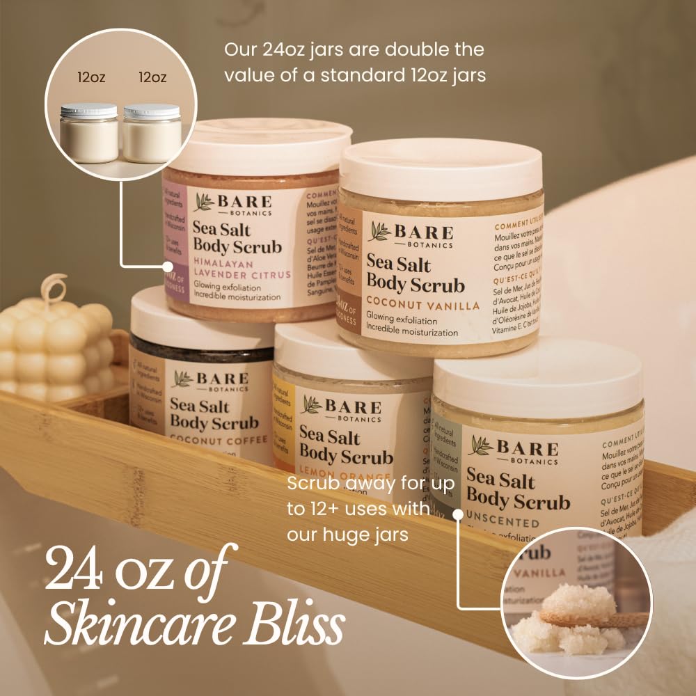 Bare Botanics Matcha Eucalyptus Body Scrub 24 oz - Naturally Scented Sea Salt Scrub Made in Madison, WI - Formulated w/Skin Loving Moisturizers - Vegan, Cruelty Free Exfoliator w/a Cute Wooden Spoon