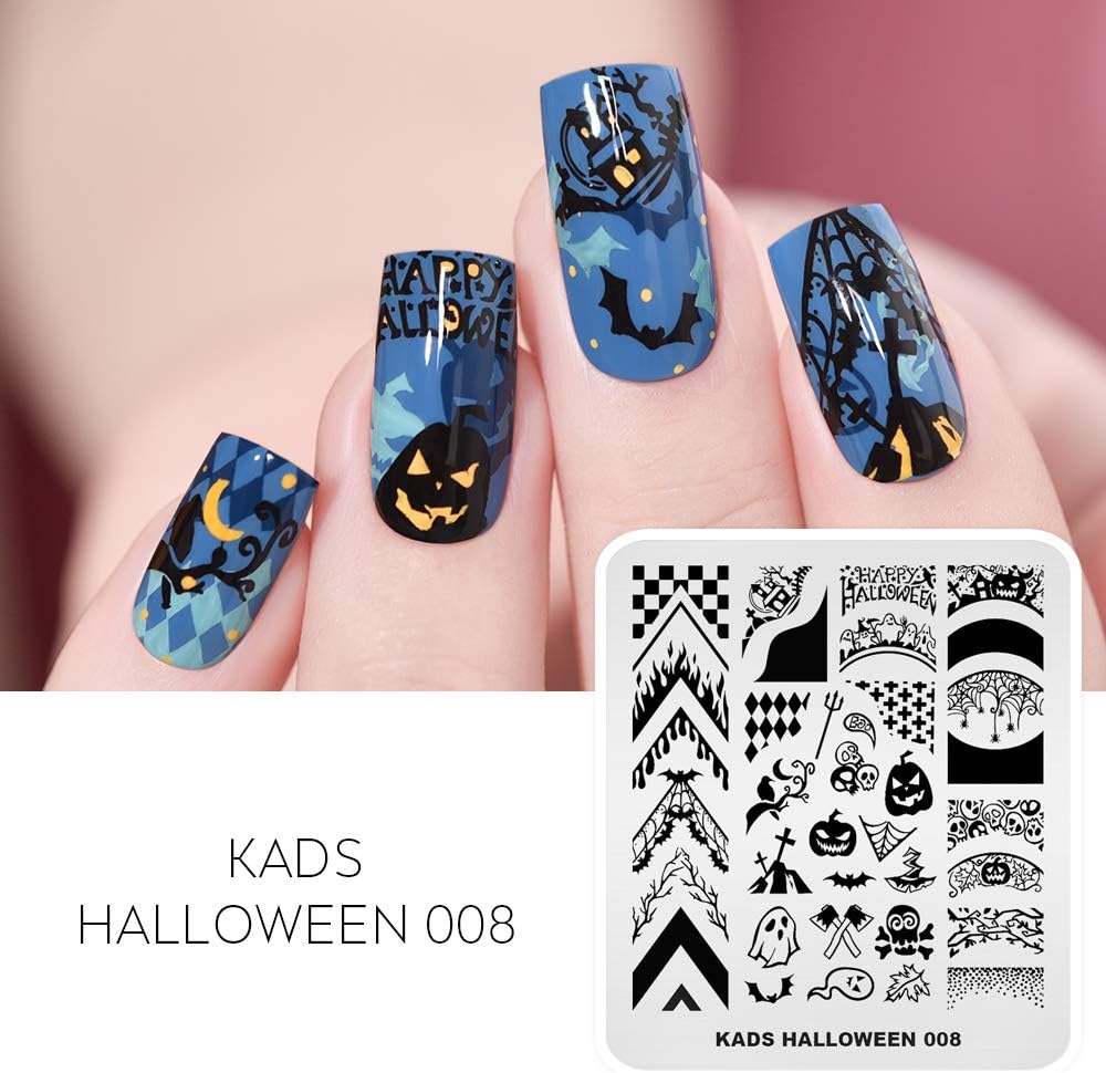 KADS 5pcs Nail Stamp Plates Set Halloween Nails Art Stamping Plate Thrill Pattern Bat Spider Skeleton Pumpkin Lantern Witch