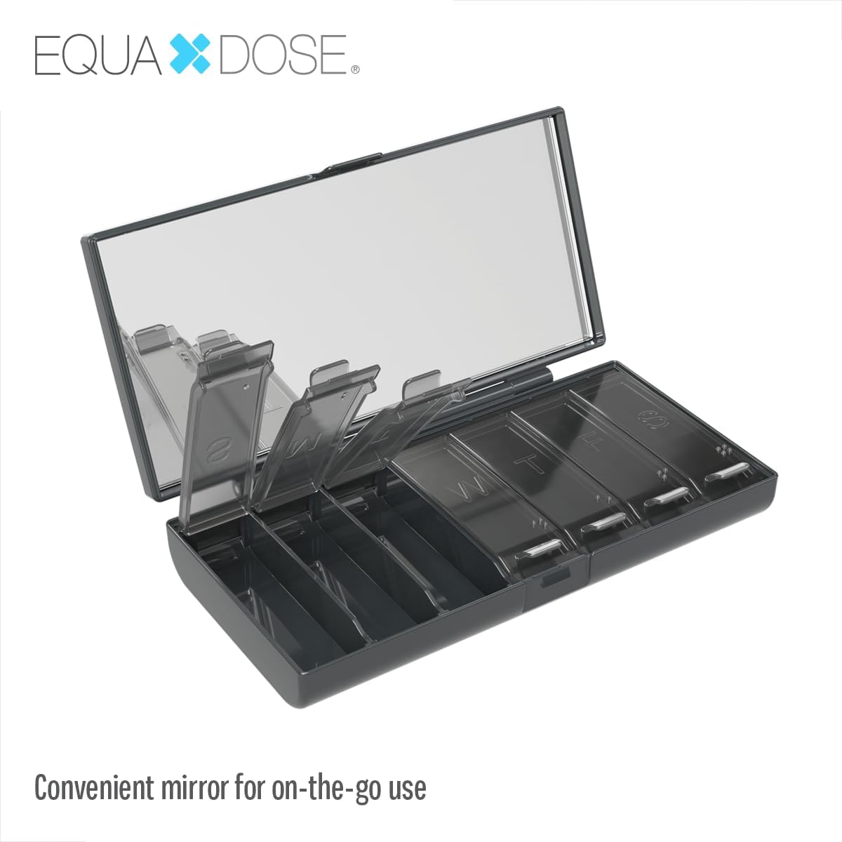 EQUADOSE Weekly Pill Case, 7-Day Medicine Organizer with Mirror, Compact Vitamin Storage Box, Travel-Friendly Pill Planner, 7 Individual Compartments for Supplements, Tablets, and Medications, Black