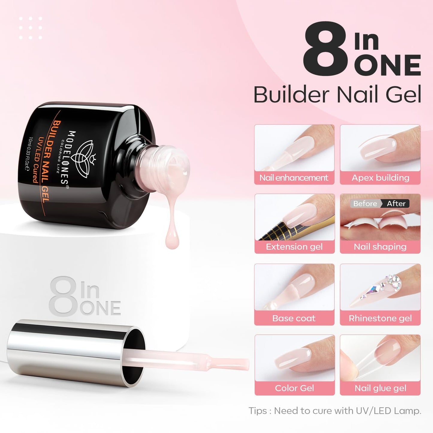 modelones Nail Dehydrator and Primer with Builder Nail Gel, 3Pcs Cover Nude Pink LED Gel Builder Polish Base Coat Prep Dehydrate & Bond Primer for Apex Building Thickening 10ml Home DIY Salon
