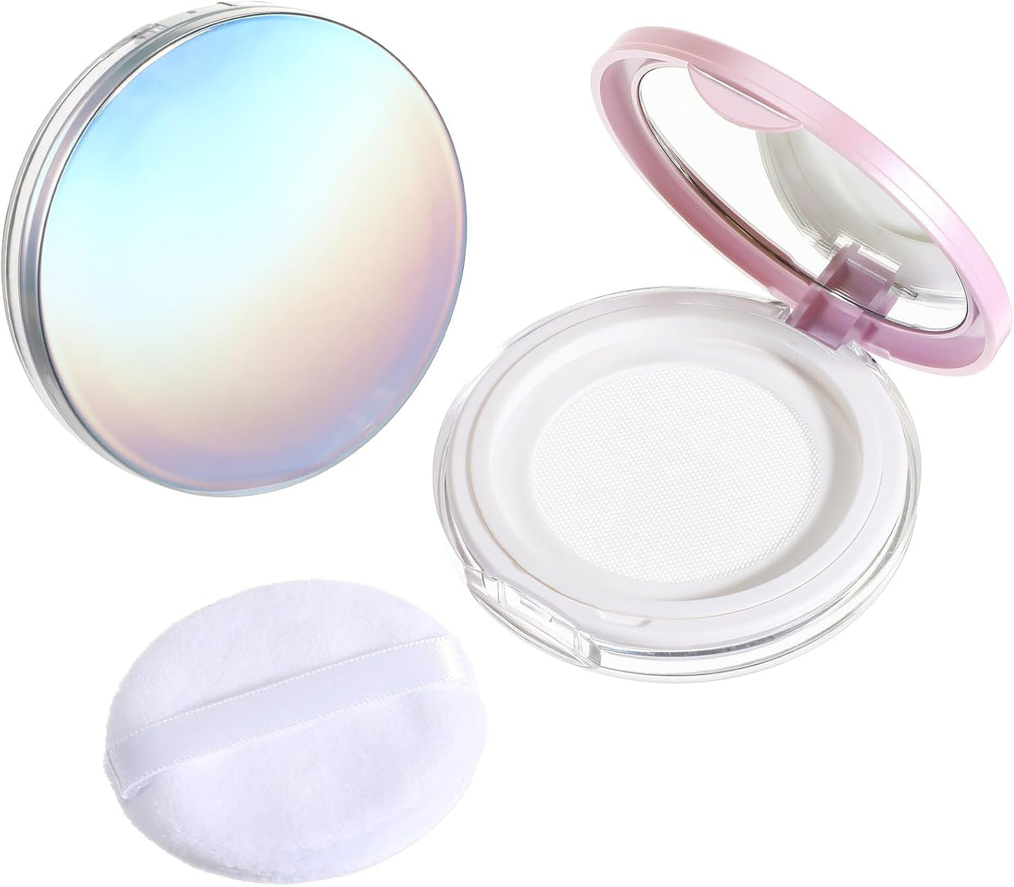 2 PCS Loose Powder Containers with Puff, 0.18oz Travel Powder Container Reusable Empty Makeup Containers Compact Mini Powder-Puff and Container with Mirror and Elasticated Net Sifter for Women Girls