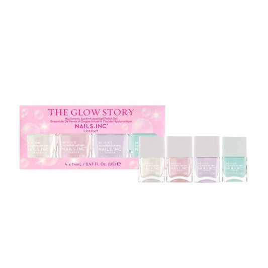 Nails Inc The Glow Story Nail Polish Set, Hyaluronic Acid, Glossy, No Chip, Long Lasting, Quick Dry, Air Dry, Professional Manicures & Pedicures, Fingernails & Toenails, Vegan Nail Polish, 4 Piece Set