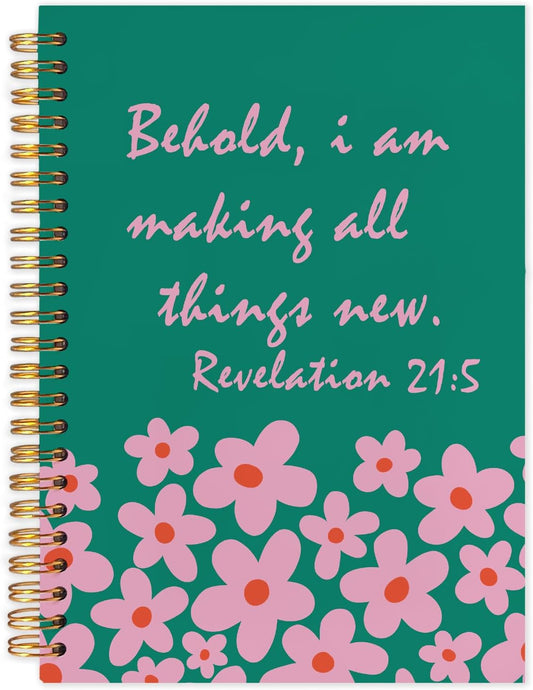 Inspirational Green Floral Christian Spiral Journal Notebook 5.5x8.3in, Prayer Bible Journal for Woman, Revelation 21:5 Bible Notebooks for Note Taking, Religious Hardcover Notebook
