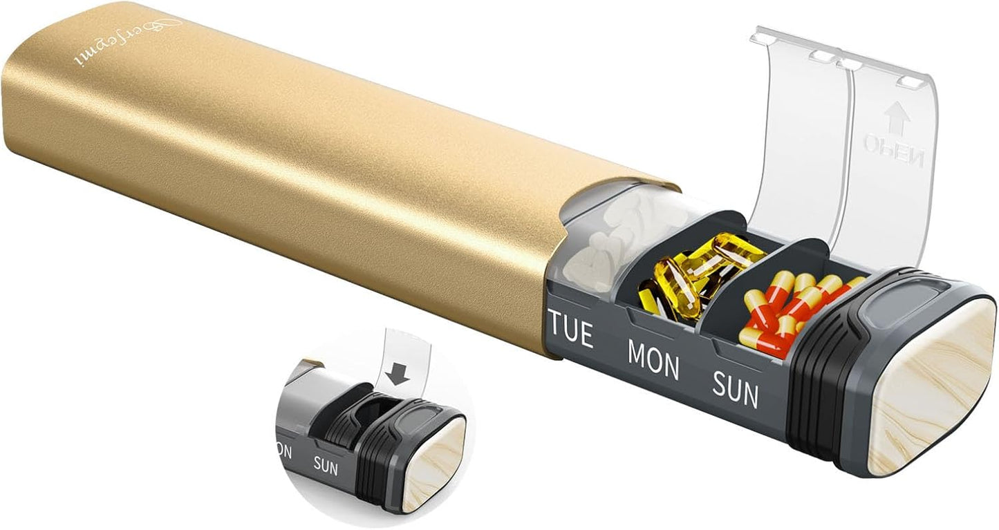 Metal Weekly Pill Organizer, Serfeymi Aluminum Daily Pill Box(Spare Gasket Provided),7 Day Pill Case Travel Medicine Organizer,Pill Containers with Individual Lid for Vitamins,Pills, Supplement-Gold