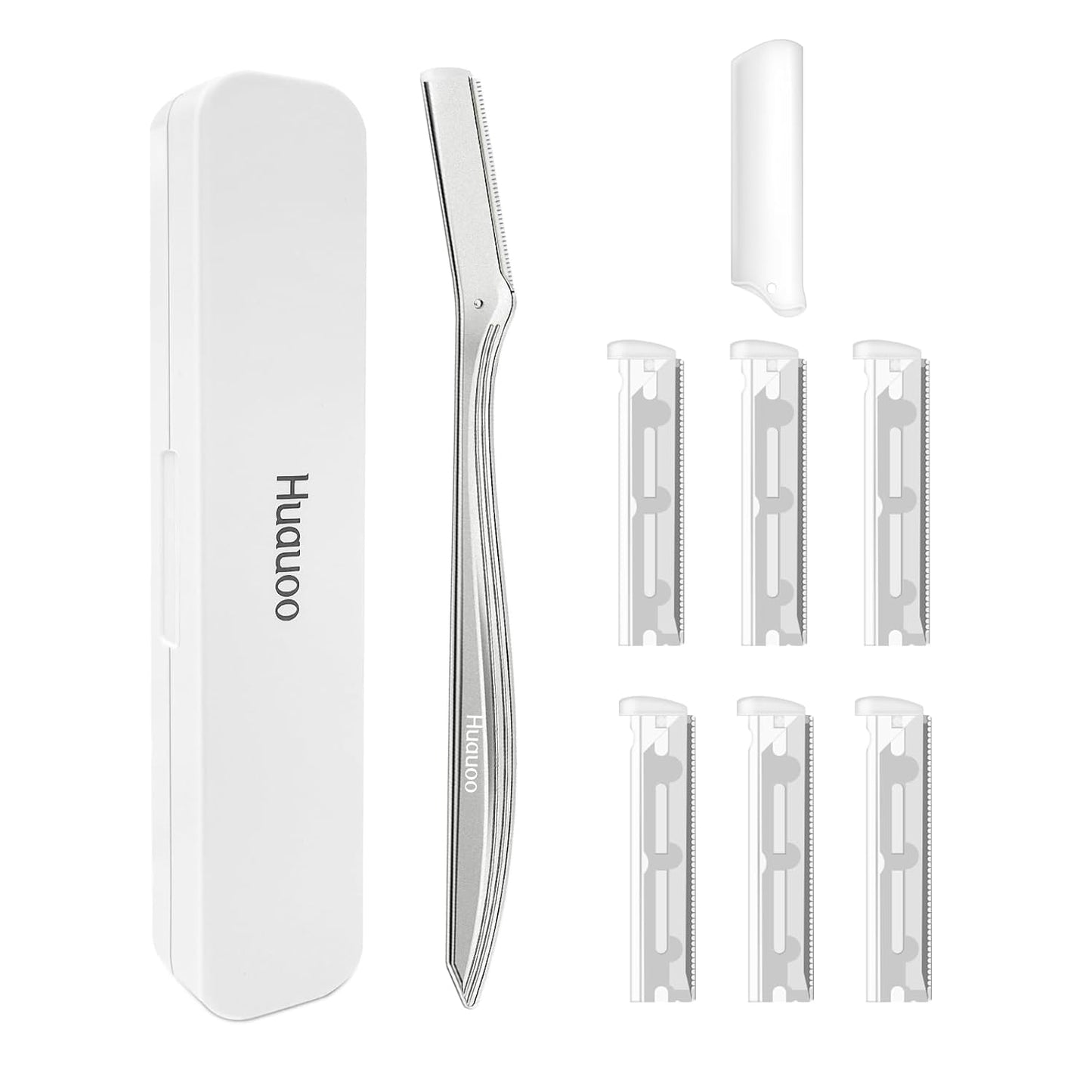 Dermaplane Razor for Women Face, Stainless Steel Handle with 6 Replaceable Blades, Huauoo Face Razors for Women, Peach Fuzz Remover, Eyebrow Trimmer, Dermaplaning Tool for Face Exfoliation (Silver)