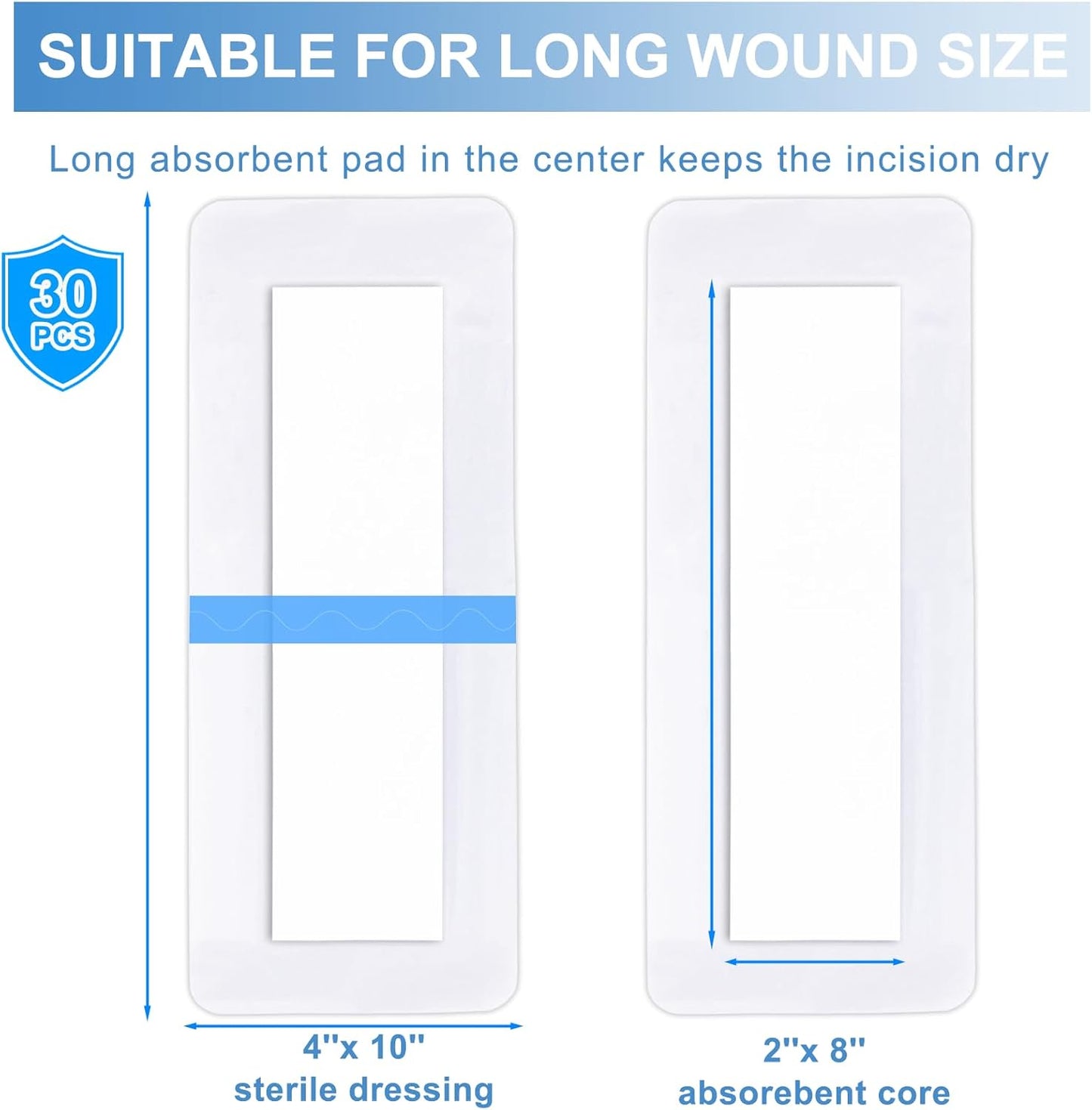 30 Pack 4"x10" Waterproof Adhesive Island Dressing for Post-Surgery Recovery | Sterile Bordered Gauze Bandages with Non-Stick Pad for Knee/Hip Replacement, Surgical Incision Care & Shower Protection