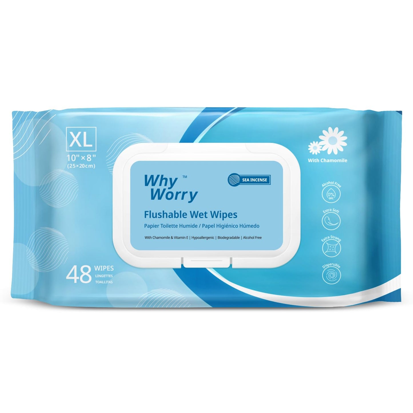 WhyWorry Flushable Wipes for Adults, Extra Large 8"x10" Butt Wipes for Toilet & Personal Cleansing, with Chamomile and Vitamin E, 100% Plant-Based, Septic & Sewer Safe, Sea Incense, 48 Count