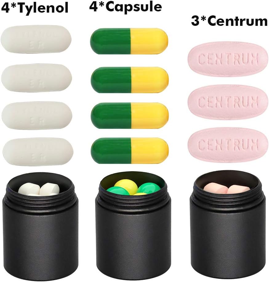 Portable Keychain Pill Holder Case, EFFIET 3 Compartments Metal Pocket Emergency Pill Container Dispenser Box Outdoor Medicine Bottle Tin for Daily Supplyment (Black)