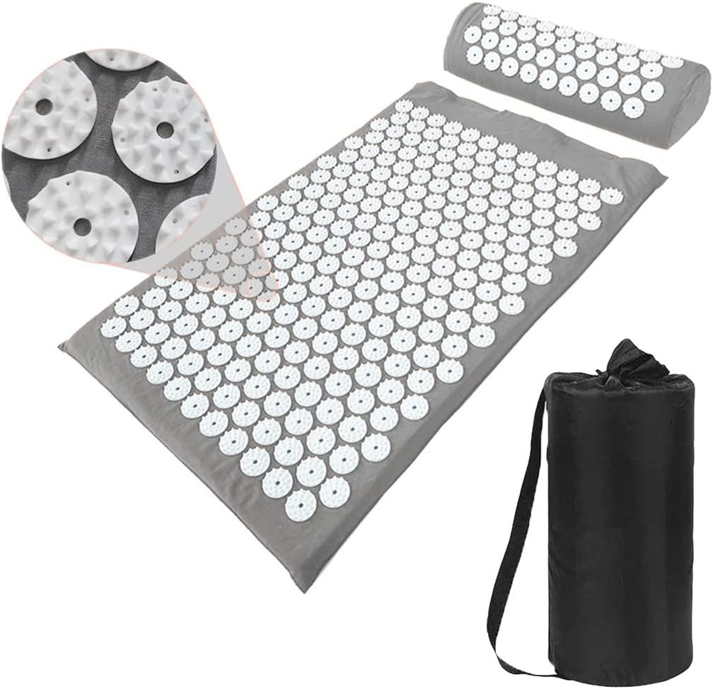Acupressure Mat and Pillow Set with Bag - Large Size 28.7 X 16.5 inch Acupuncture Mat for Neck & Back Pain, Muscle Relaxation Stress Relief, Sciatica Pain Relief Pillow (Gray)