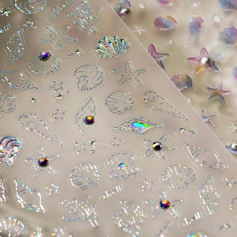 Aurora Ocean Nail Stickers Pearl Shell Conch Nail Designs Starfish Nail Decals 5D Embossed Silver Star Beach 3D Self-Adhesive Summer Nail Art Decoration for Women DIY Manicure 2 Sheets