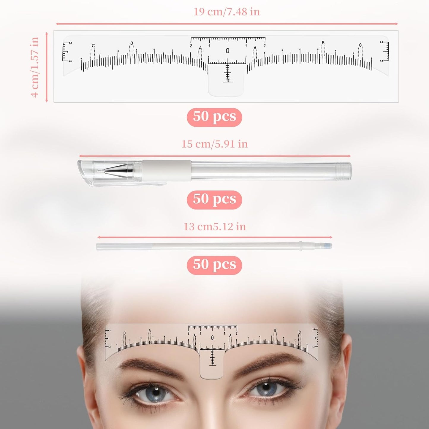 56 PCS Eyebrow Microblading Marker Pen & Disposable Brow Ruler - 2 Pcs Brow Mapping Pens with 4 Refills + 50 Pcs Eyebrow Stencil Guide Stickers - for Eyebrow Lamination, Lip & Skin Tattoo Makeup