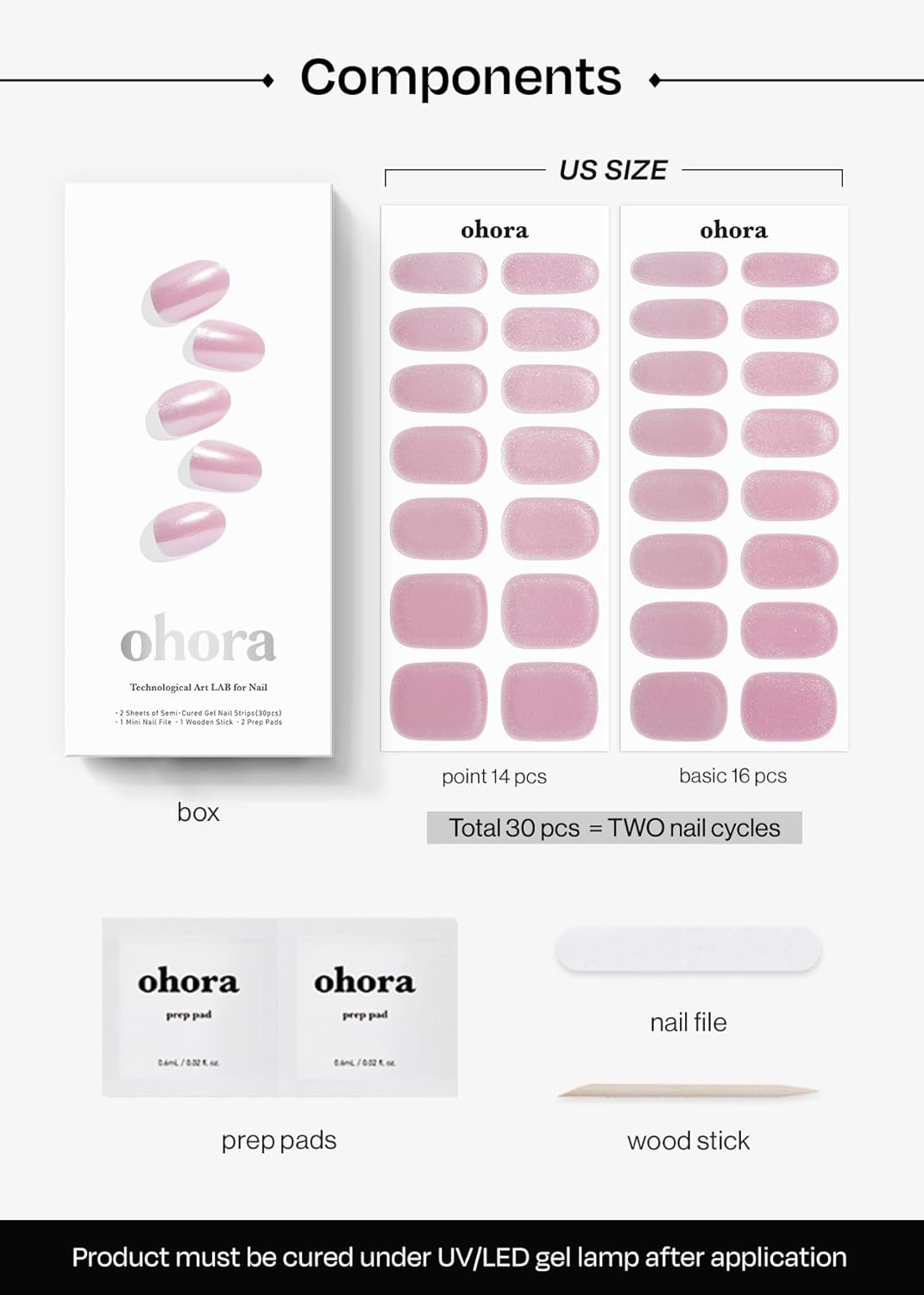 ohora Semi Cured Gel Nail Strips (N Baby Pink Chrome) - Works with Any Nail Lamps, Salon-Quality, Long Lasting, Easy to Apply & Remove - Includes 2 Prep Pads, Nail File & Wooden Stick