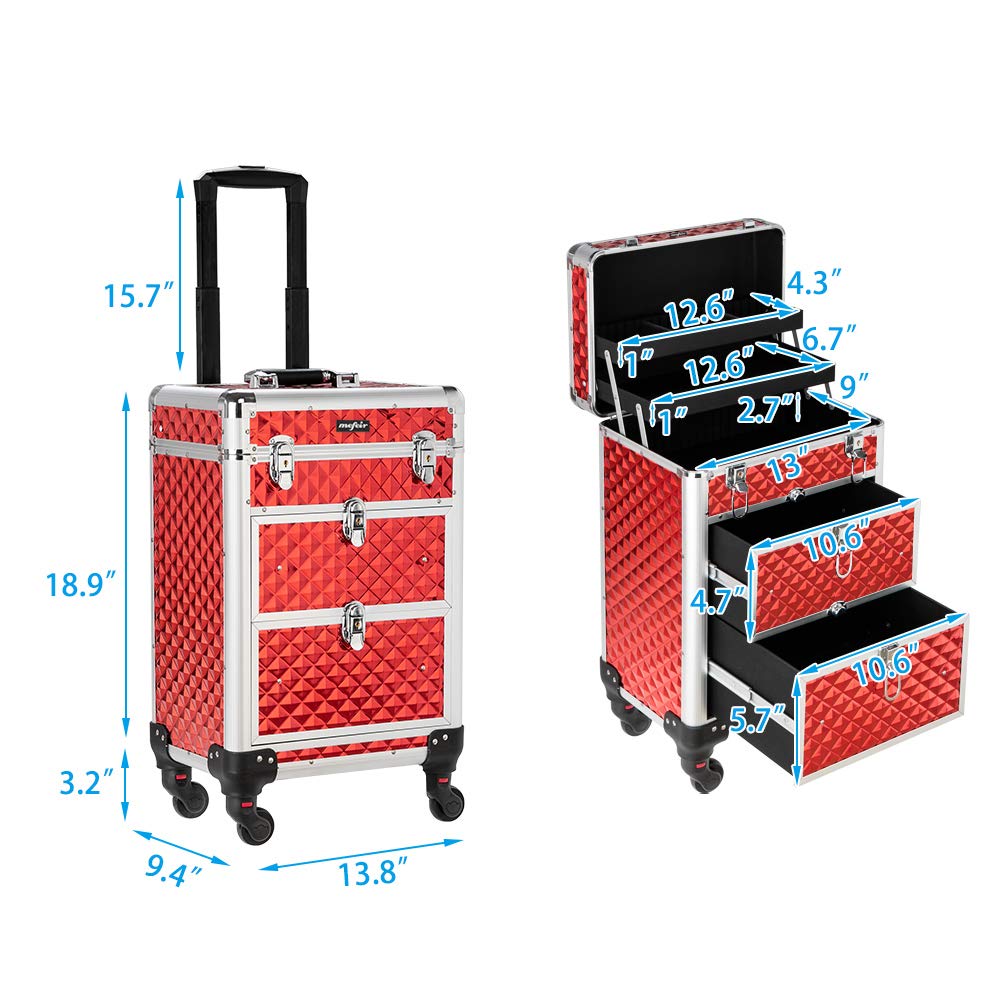 mefeir Aluminum Rolling Makeup Train Case, Portable Makeup Organizer Suitcase, Cosmetic Storage Box, Travel Beauty Luggage Trolley Lockable w/4 Removable Wheels & 2 Sliding Drawers (Red)