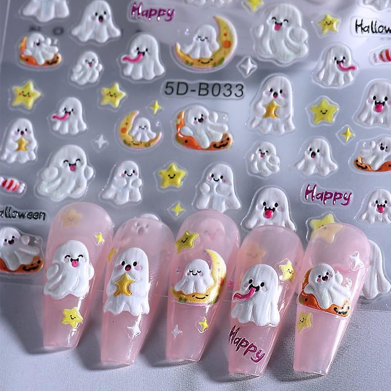 Halloween Nails Stickers White Cute Ghost Nails Sticker 5D Embossed Orange Pumpkins Self Adhesive Sticker Nail Decals Black Cat Nail Art Decal Halloween Decals for Nail DIY Manicure 2Sheet