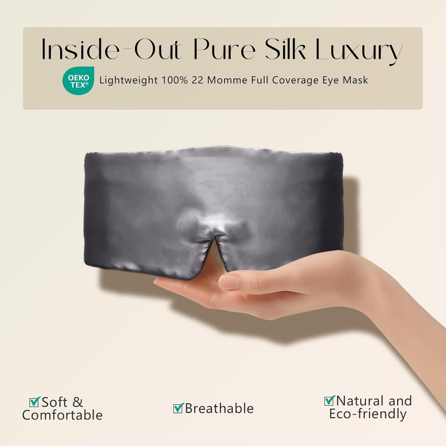 ZIMASILK 100% 22 Momme Mulberry Silk Sleep Mask - Full Silk Filled, Ultra-Soft & Breathable, Face-Hugging Blackout Eye Cover for Sleeping (Blackish Grey)