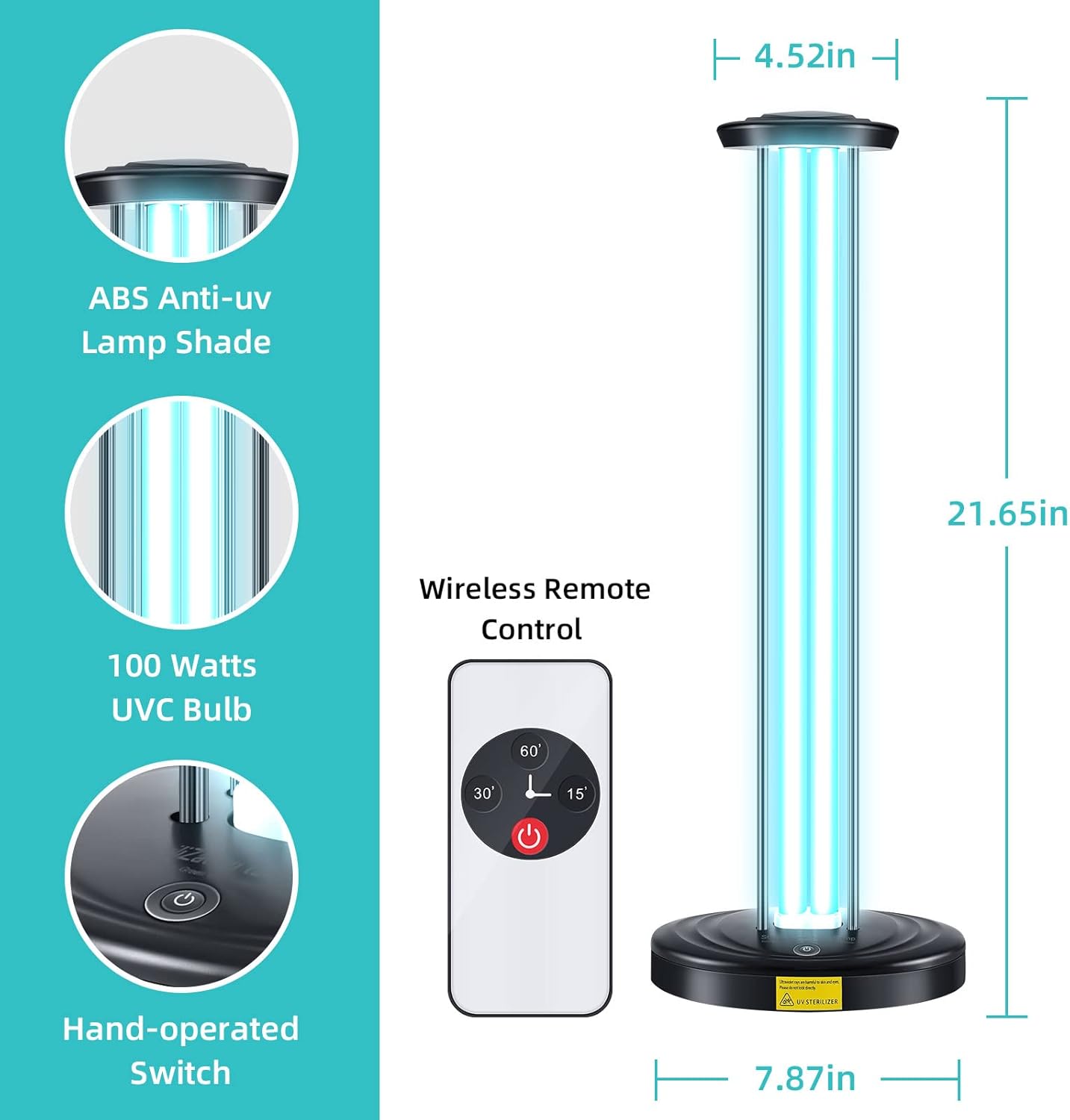 100W UV Light, Ultraviolet Lamp Purifier for Whole Room & House, Ozone-Free, Home Disinfection Device with 3-Gear Timer Remote Control, UVC Lights, Purification for Bathroom, Toilet, Office