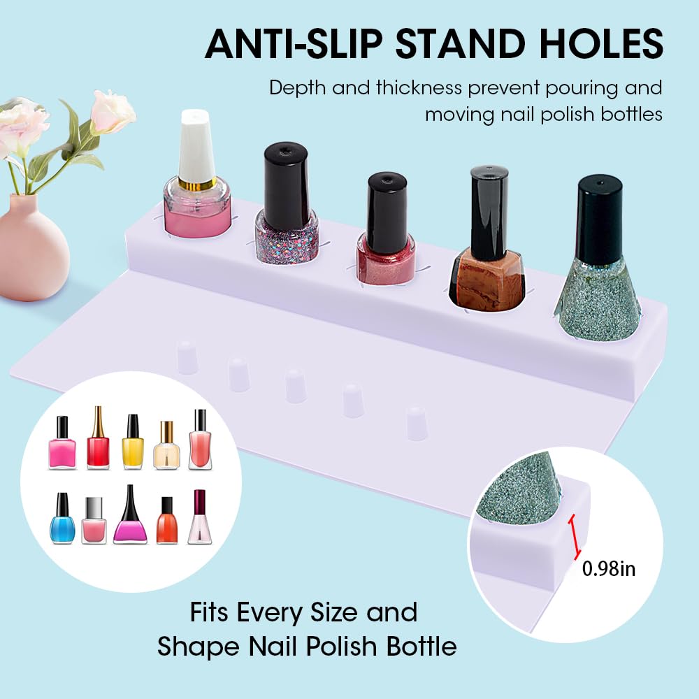 Nail Polish Holder, Silicone Hand Rest Mat Fingernail Painting Tools 2 in 1 Art Accessories Organizer Case Set with Anti-Spill Bottle Stand and Finger Separators for Pedicure Manicure-Purple