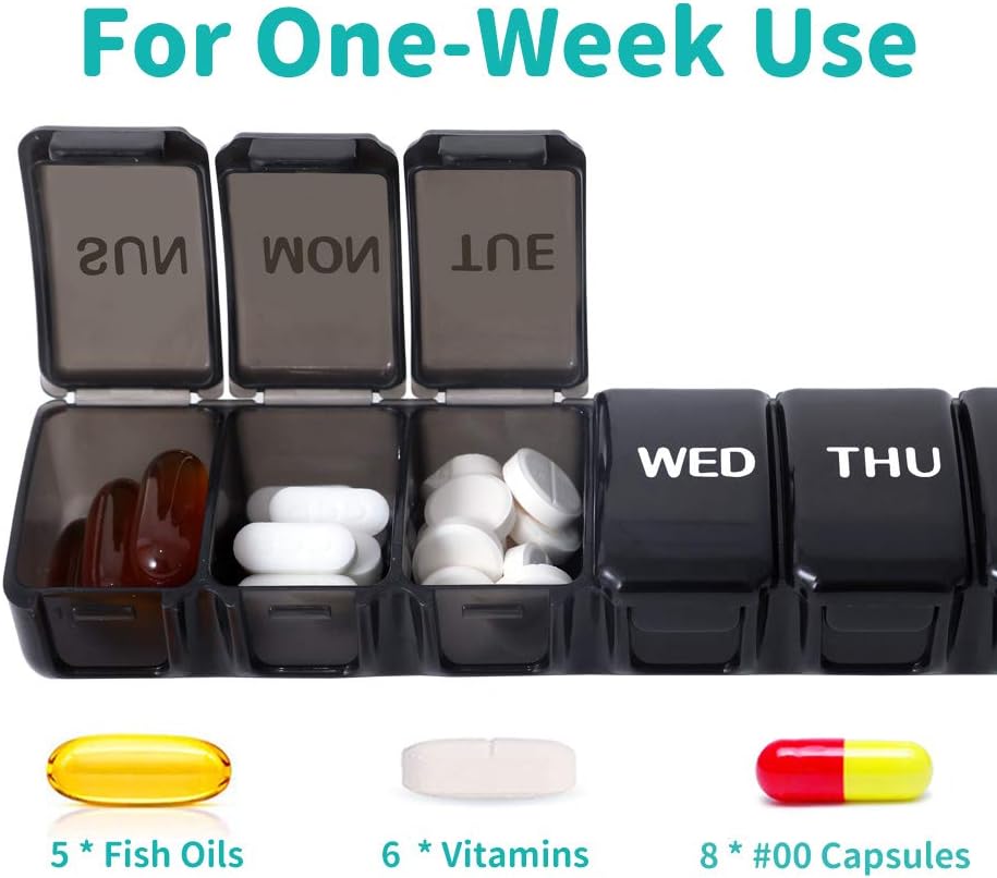 2 Packs Small Weekly Pill Organizer,Pocket Daily Pill Case Pill Box for Pills/Vitamin/Fish Oil/Supplements (Black)